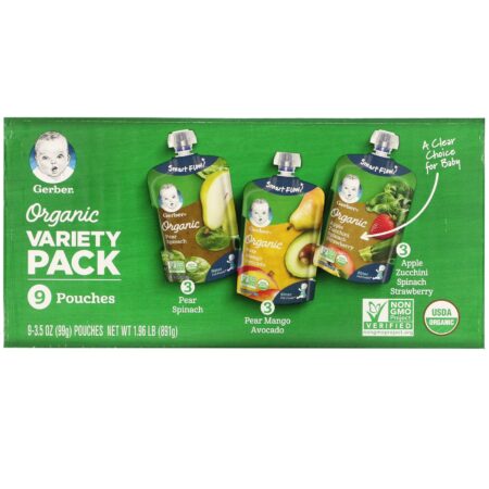 Gerber, Organic Variety Pack, Pear Spinach, Pear Mango Avocado, Apple Zucchini Spinach Strawberry, 9 Pouches, 3.5 oz (99 g) Each - Image 2