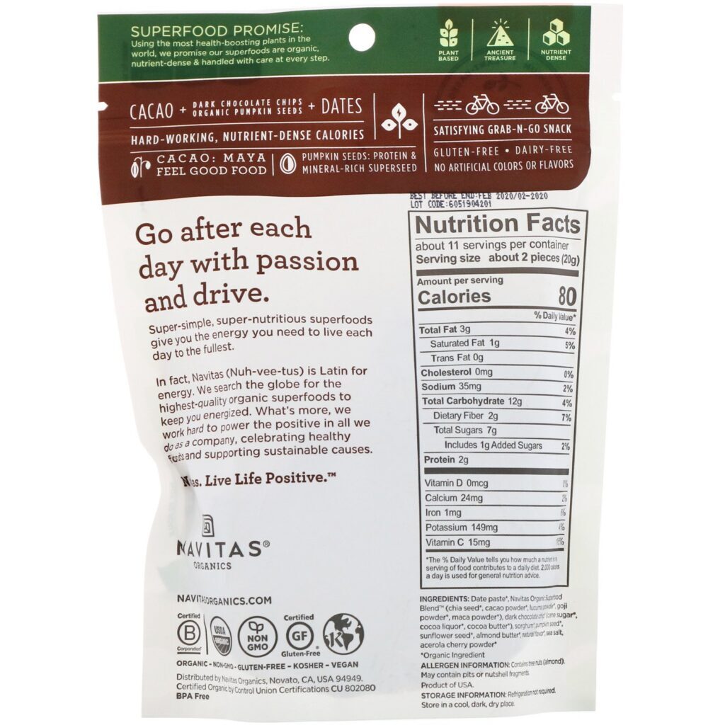 Navitas Organics, Power Snacks, Chocolate Cacao, 8 oz (227 g) - Imagem 2