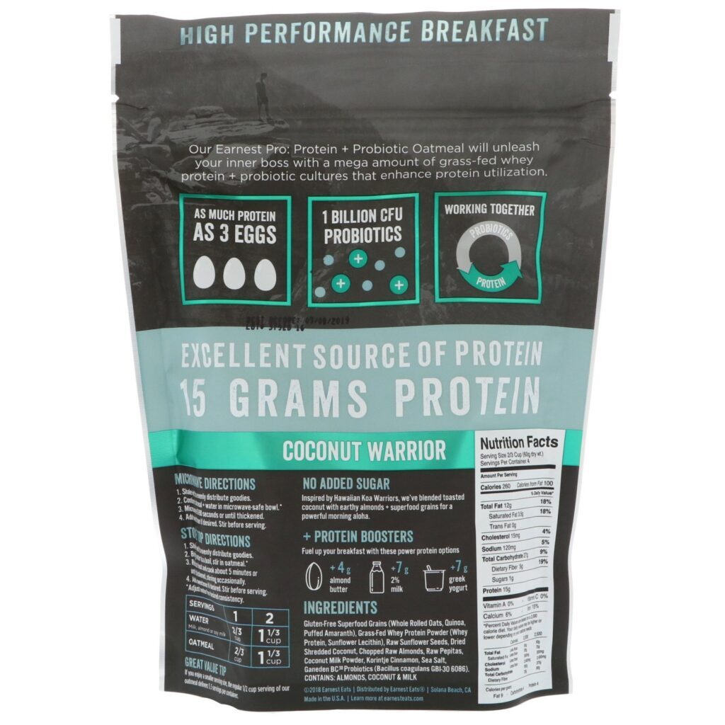 Earnest Eats, Aveia com Probióticos e Proteína, Coco, 8 oz (227 g) - Imagem 2