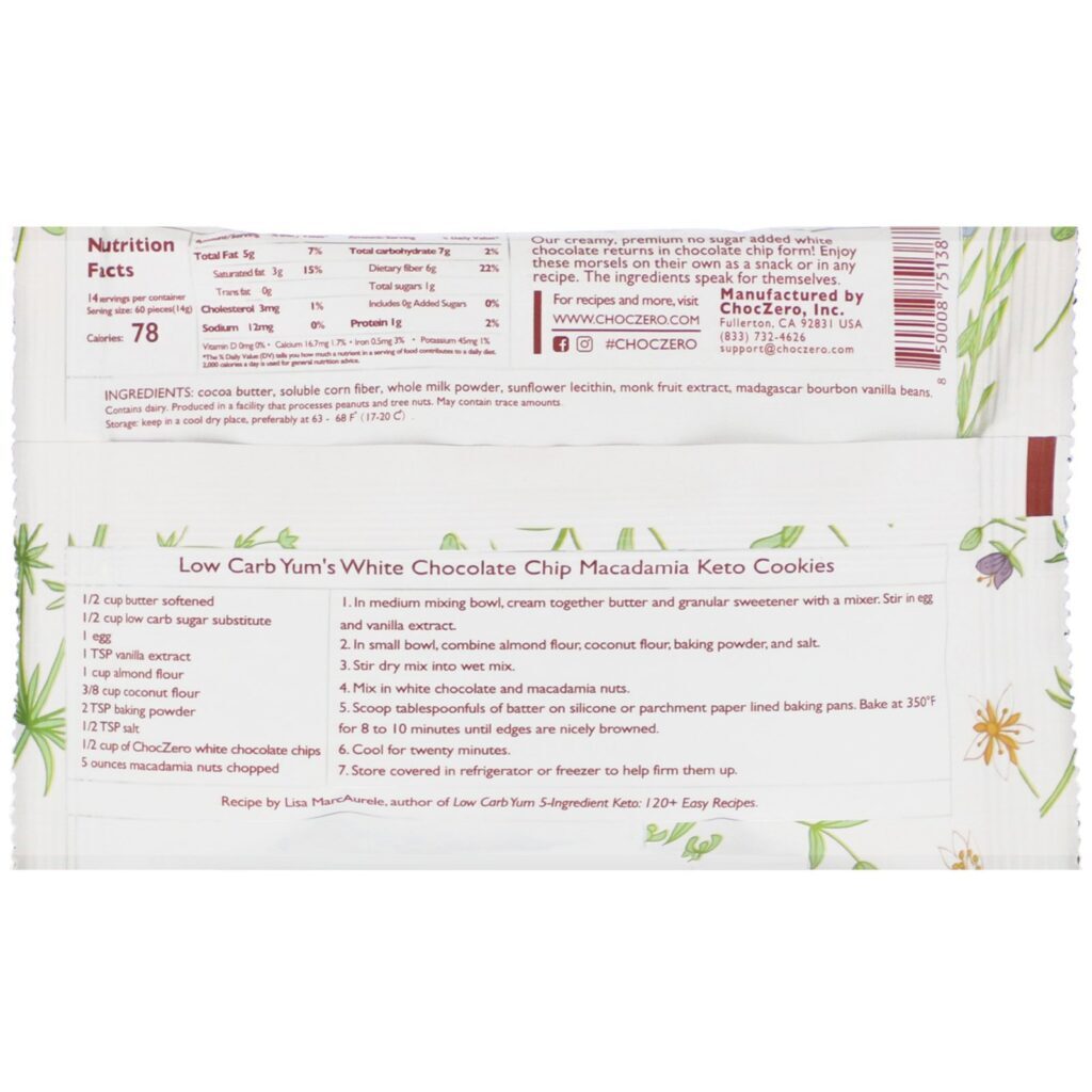ChocZero, White Chocolate Baking Chips, No Sugar Added, 7 oz - Imagem 2