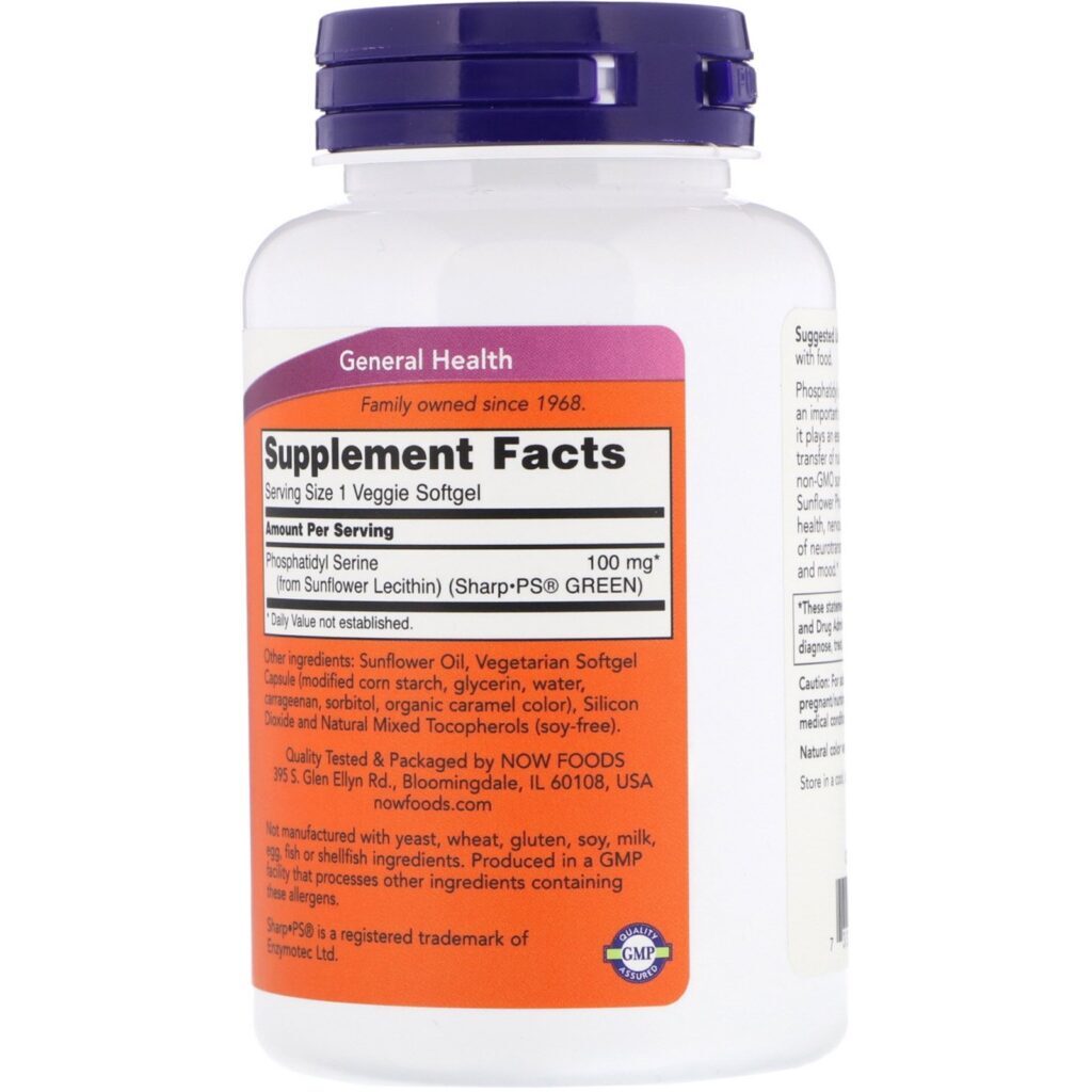 Now Foods, Fosfatidilserina de girassol, 100 mg, 60 Cápsulas Gelatinosas Vegetais - Imagem 2