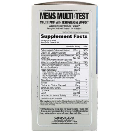 GAT, Men's Multi+Test, Multivitamínico com Suporte de Testosterona, 90 Comprimidos - Image 2