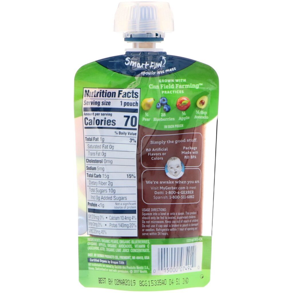 Gerber, Smart Flow, Organic, Pear, Blueberry, Apple, Avocado, 3.5 oz (99 g) - Imagem 2