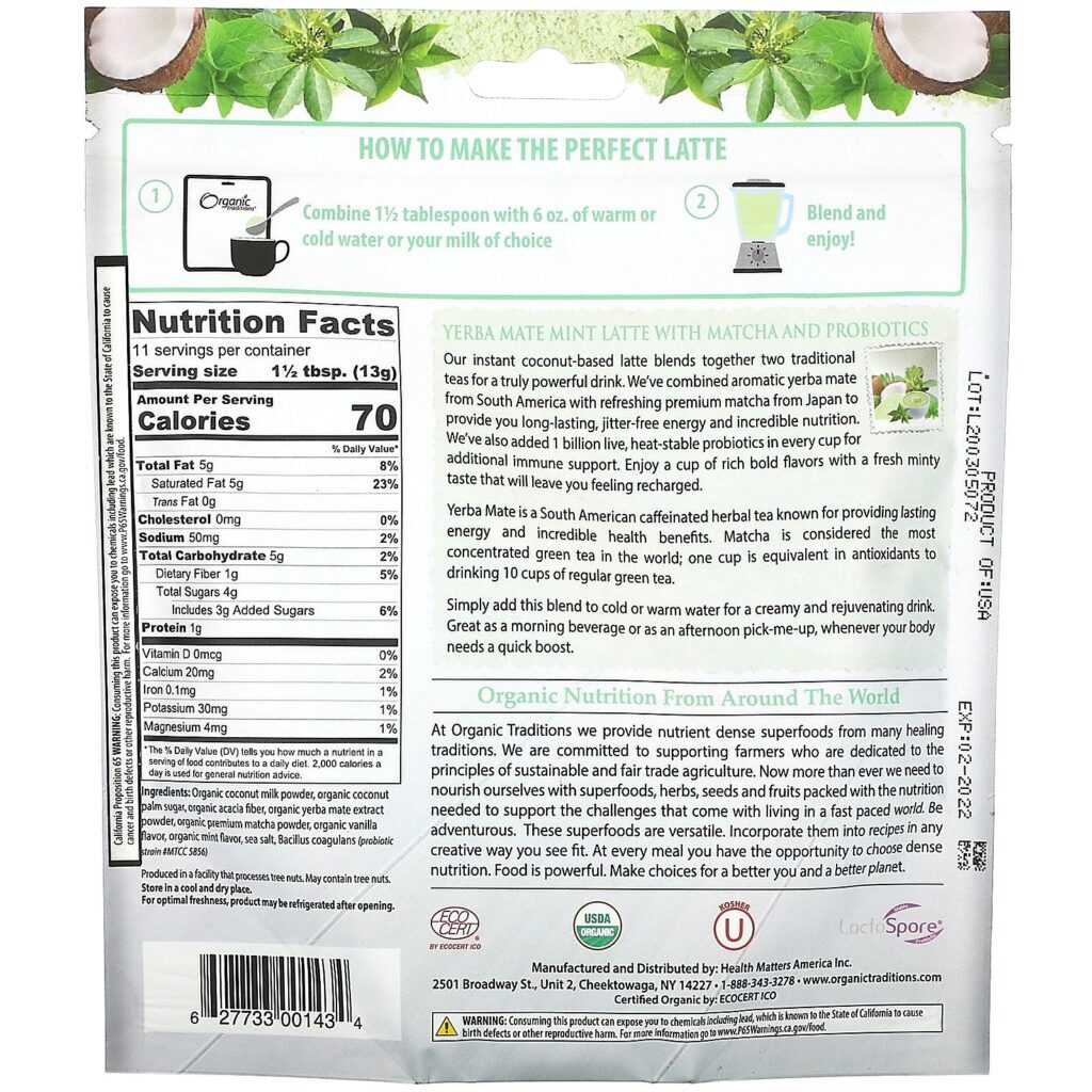 Organic Traditions, Yerba Mate Mint Latte with Matcha and Probiotics, 5.3 oz (150 g) - Imagem 2