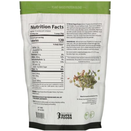 Dr. Murray's, Super Foods, 3 Seed Vegan Protein Powder, Unflavored, 16 oz (453.5 g) - Image 2