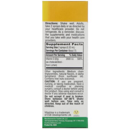 Country Life, Spray de Vitamina D3, Sabor Favo de Baunilha, 2.000 U.I. (50 mcg), 150 Sprays Ingeríveis, 24 ml (0,81 fl oz) - Image 3