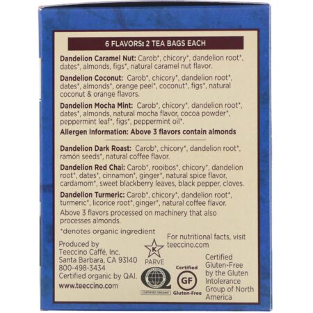 Teeccino, Roasted Herbal Tea Sampler, 6 Dandelion Flavors, Caffeine Free, 12 Tea Bags, 2.54 oz (72 g) - Image 2