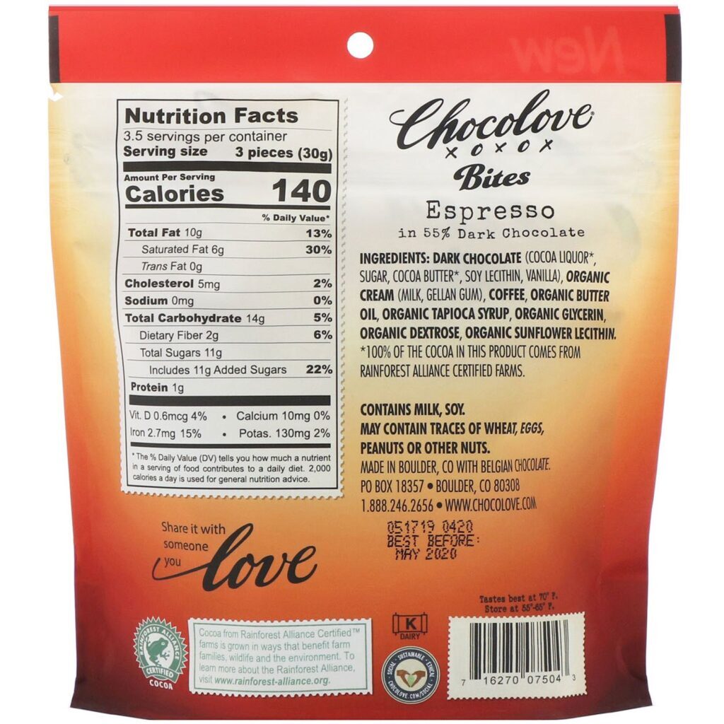 Chocolove, Bites, Espresso in 55% Dark Chocolate, 3.5 oz (100 g) - Imagem 2