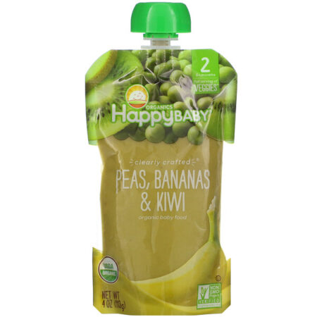 Happy Family Organics, Happy Baby, Organic Baby Food, Stage 2, 6+ Months, Peas, Bananas & Kiwi, 4 oz (113 g)