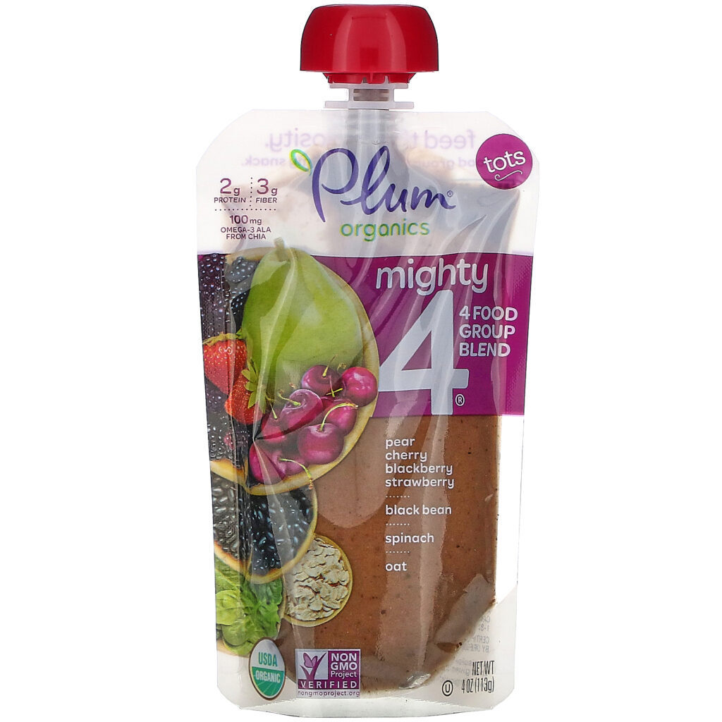 Plum Organics, Mighty 4, 4 Food Group Blend, Tots, Pear, Cherry, Blackberry, Strawberry, Black Bean, Spinach, Oat, 6 Pouches, 4 oz (113 g) Each - Imagem 2