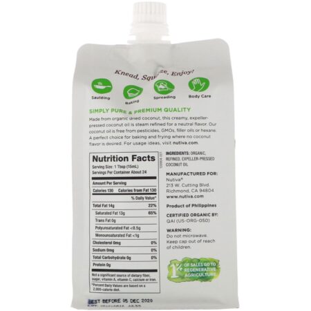 Nutiva, Squeezable Orgânico, Óleo de Coco Refinado a Vapor, 335 ml (12 fl oz) - Image 2