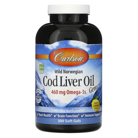 Carlson Labs, Wild Norwegian, Cod Liver Oil Gems, Natural Lemon Flavor, 460 mg, 300 Soft Gels