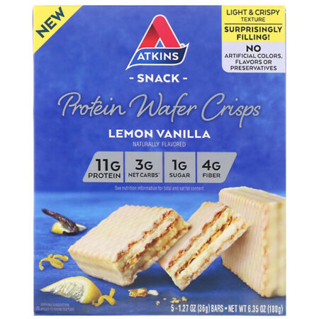 Atkins, Bolacha Wafer de Proteína, Baunilha e Limão, 5 Barras, 1,27 oz (36 g) Cada