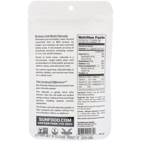 Sunfood, Broken Cell Wall Chlorella Tablets, 250 mg, 228 Tablets, 2 oz (57 g) - Imagem 2
