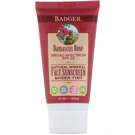 Badger Company, Natural Mineral Face Sunscreen, Sheer Tint, SPF 25, Damascus Rose, 1.6 fl oz (47 ml)