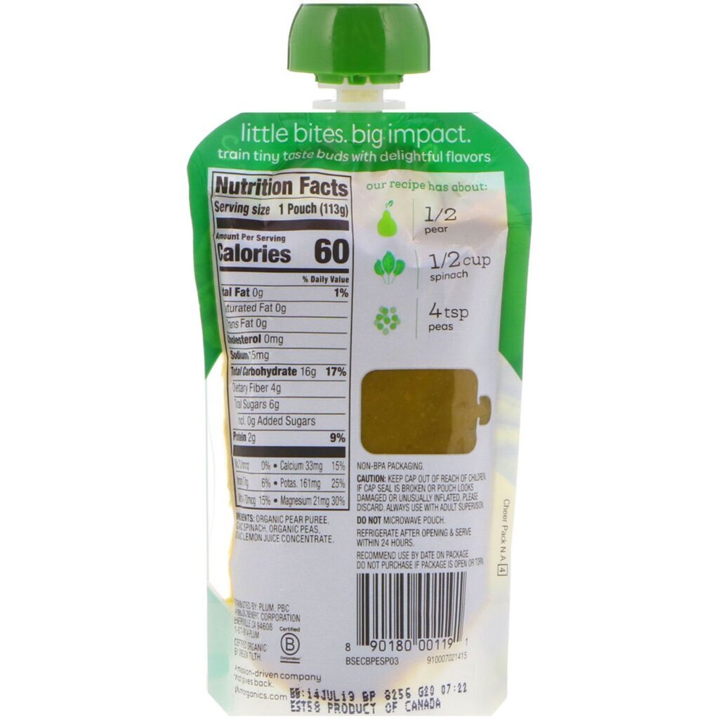 Plum Organics, Papinha Orgânica, 2ª Estágio de Desenvolvimento, Pera, Espinafre e Ervilha, 4 oz (113 g) - Imagem 2