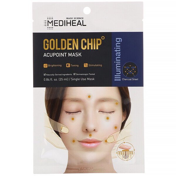 Mediheal, Máscara de acuponto com chip dourado, 5 folhas, 25 ml cada