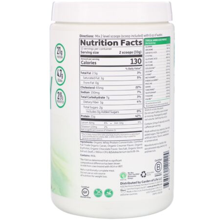 Garden of Life, Organic Whey Protein Grass Fed, Chocolate Cacao, 13.96 oz (396 g) - Image 2