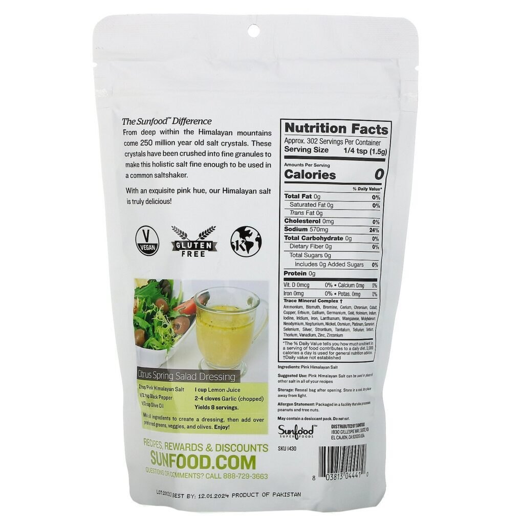Sunfood, Sal Cristalino Fino do Himalaia, 454 g (1 lb) - Imagem 2