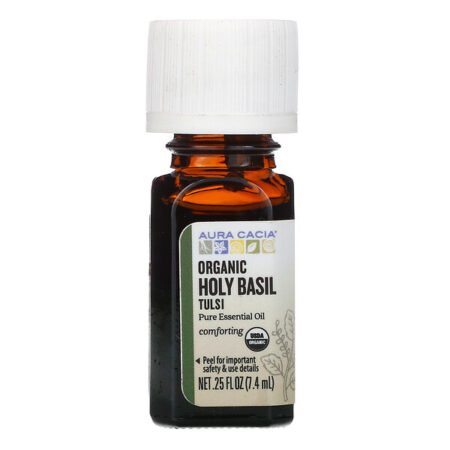 Aura Cacia, Óleo Essencial Puro, Tulsi ou Manjericão-sagrado Orgânico, 7,4 ml (0,25 fl oz)