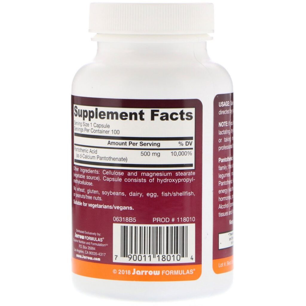 Jarrow Formulas, Ácido Pantotênico B5, 500 mg, 100 Cápsulas Vegetais - Imagem 2