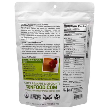 Sunfood, Cacau em Pó Orgânico, 227 g (8 oz) - Imagem 2