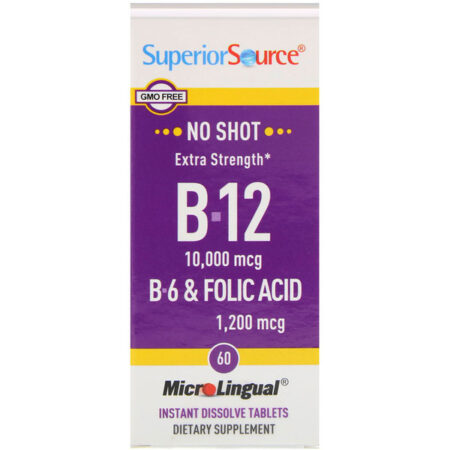 Superior Source, B12, B6 e Ácido Fólico Extra Fortes, 10.000 µg / 1.200 µg, 60 Comprimidos MicroLingual de Dissolução Instantânea