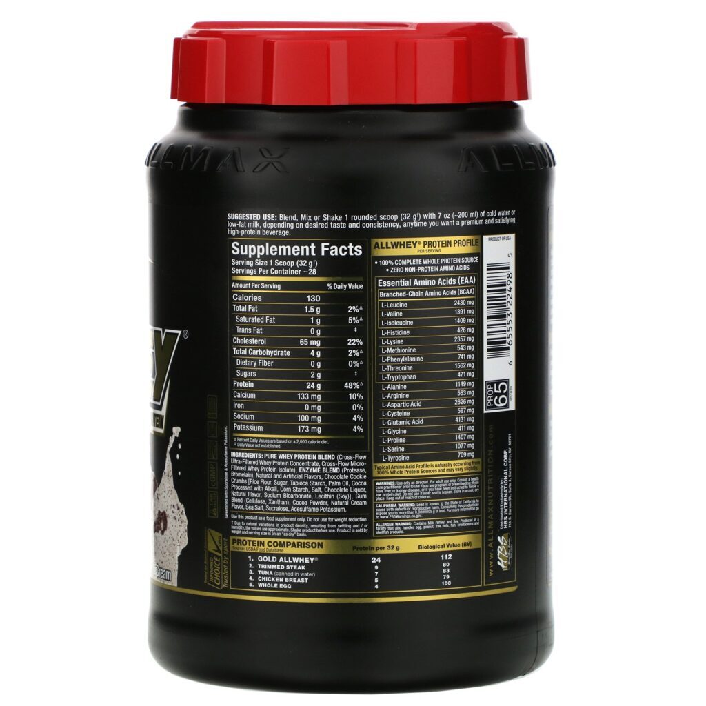 ALLMAX Nutrition, AllWhey Gold, 100% Proteína Whey + Isolado de Proteína Whey Premium, Cookies e Creme, 907 g (2 lbs). - Imagem 2