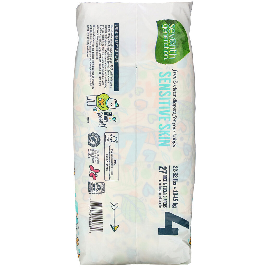Seventh Generation, Free & Clear Diapers, Size 4, 22-32 lbs, 27 Diapers - Imagem 3