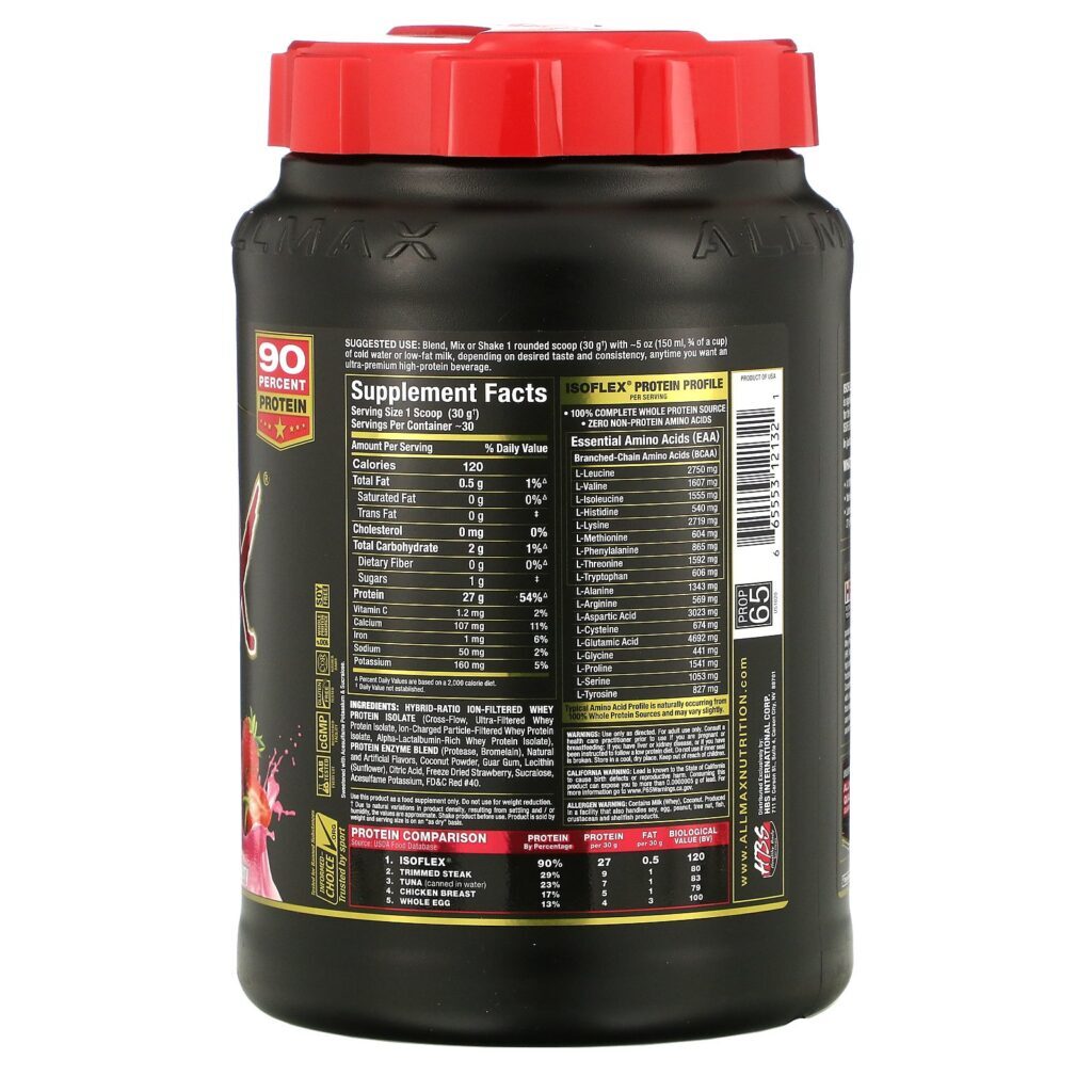 ALLMAX Nutrition, Isoflex, Isolaro de Proteína Whey 100% Ultrapuro (Filtração de Partículas de WPI Ionizadas), Morango, 907 g - Imagem 2