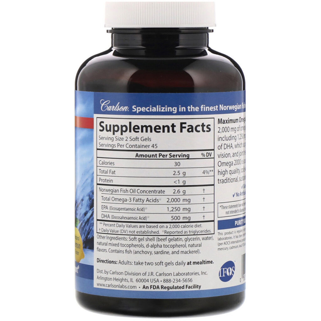 Carlson Labs, Maximum Omega 2000, Sabor Natural de Limão, 2.000 mg, 90 Cápsulas Gelatinosas - Imagem 2