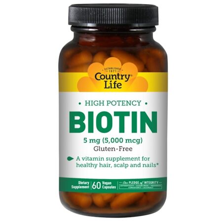 Country Life, Biotina, Alta Potência, 5 mg, 60 Cápsulas Vegetarianas