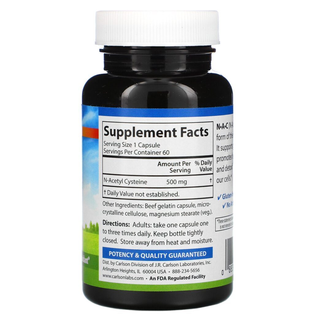 Carlson Labs, N·A·C, 500 mg, 60 Cápsulas - Imagem 2