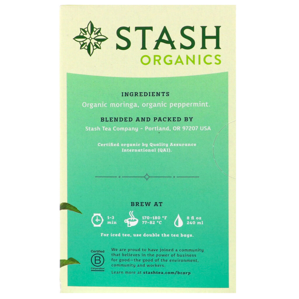 Stash Tea, Chá de Ervas, Moringa e Hortelã Orgânicas, Sem Cafeína, 18 Saquinhos, 23 g (0,8 oz) - Imagem 2