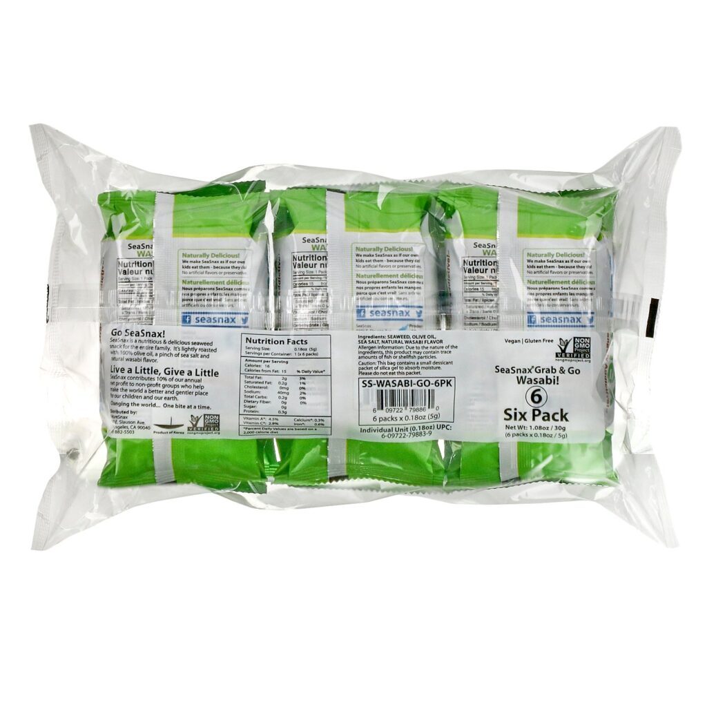 SeaSnax, Grab & Go, Salgadinhos de Algas Marinhas Selecionadas Assadas, Wasabi, Pacote com 6, 0.18 oz (5g) Cada - Imagem 2