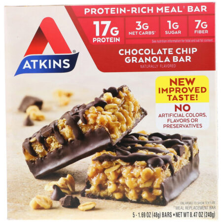 Atkins, Barra de Cereal com Gotas de Chocolate, 5 Barras, 1,69 oz (48 g) Cada