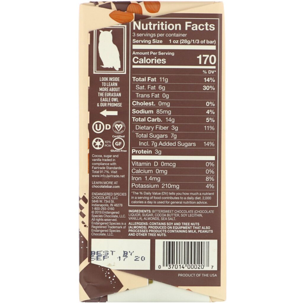 Endangered Species Chocolate, Almonds Sea Salt + Dark Chocolate, 72% Cocoa, 3 oz (85 g) - Imagem 2