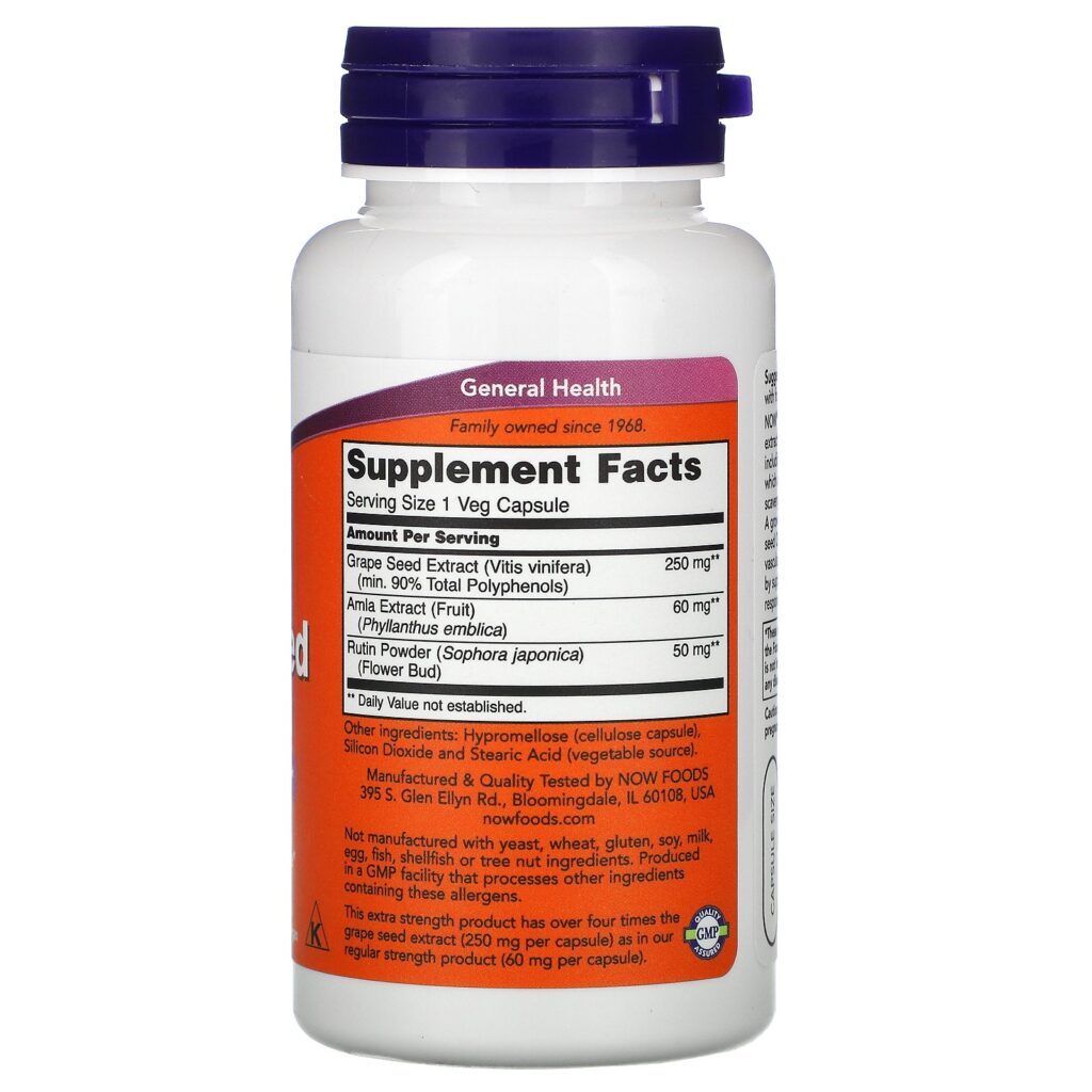 Now Foods, Semente de Uva, Força Extra, 250 mg, 90 Cápsulas Vegetais - Imagem 2