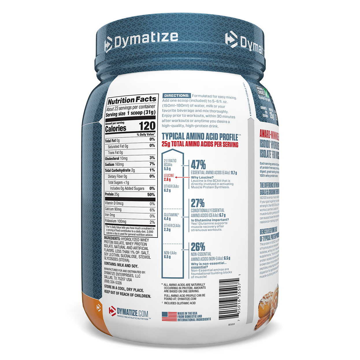 Dymatize Nutrition, ISO 100 Hydrolyzed, 100% Whey Protein Isolate, Cinnamon Bun, 25.6 oz (725 g) - Imagem 2