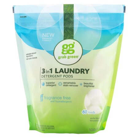 Grab Green, 3-in-1 Laundry Detergent Pods, Sem Fragrância, 60 Lavadas, 2 lb, 1.080 g (6 oz) - Image 2