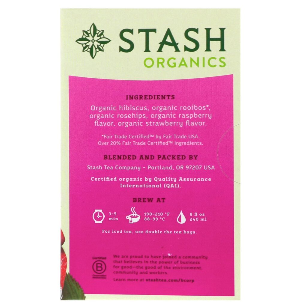 Stash Tea, Orgânico, Chá herbal, Frutas Vermelhas, Sem Cafeína, 18 Sachês de Chá, 1.2 oz (36 g) - Imagem 2