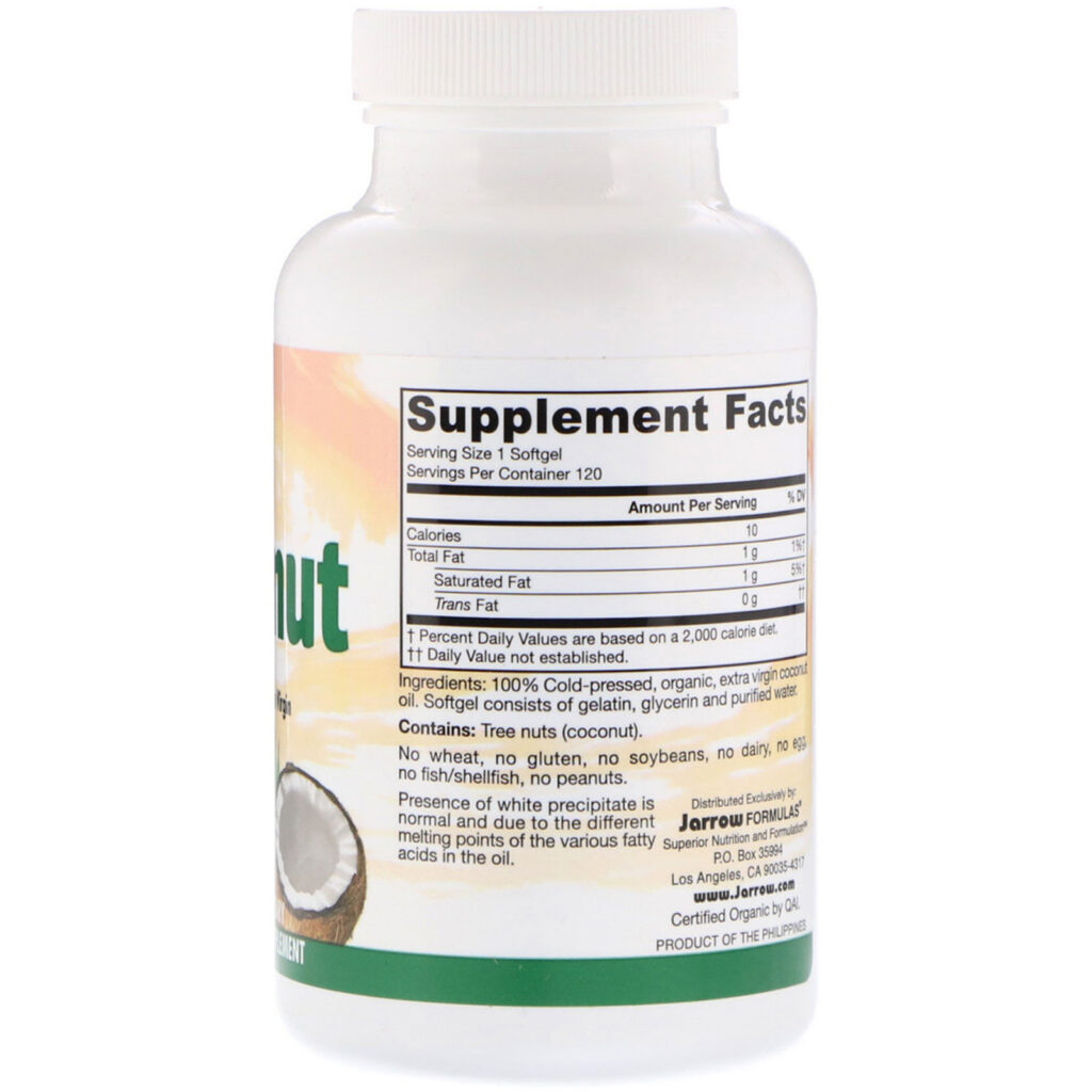 Jarrow Formulas, Coconut Oil, Extra Virgin, 1.000 mg, 120 Cápsulas Softgel - Imagem 2