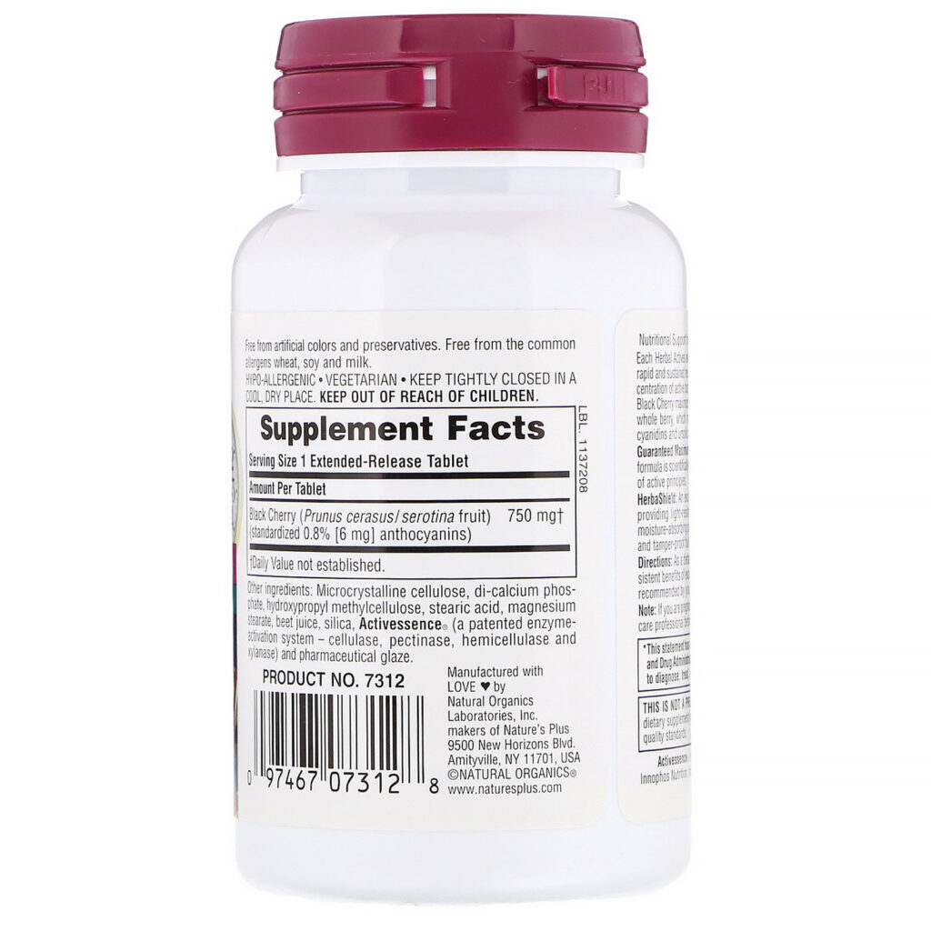 Nature's Plus, Ativos Herbários, Cereja Preta, 750 mg, 30 Comprimidos - Imagem 2