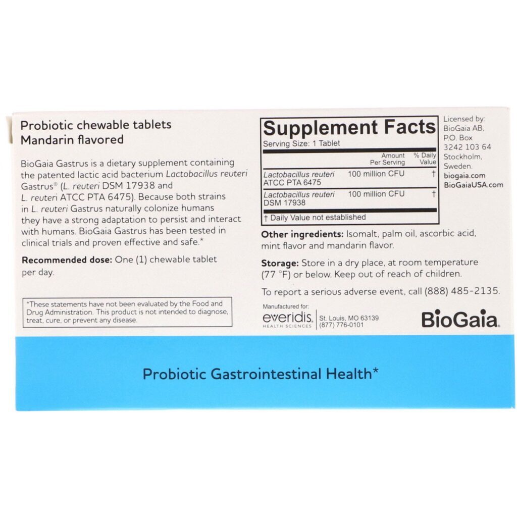 BioGaia, Gastrus, For GI Tract, Sabor Tangerina, 30 Comprimidos Mastigáveis - Imagem 2