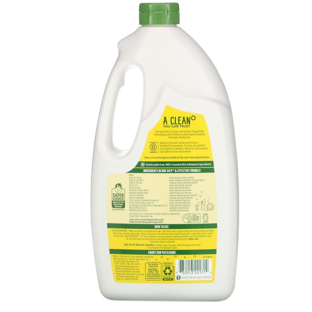 Seventh Generation, Dishwasher Detergent Gel, Lemon, 42 fl oz (1.19 kg) - Imagem 2