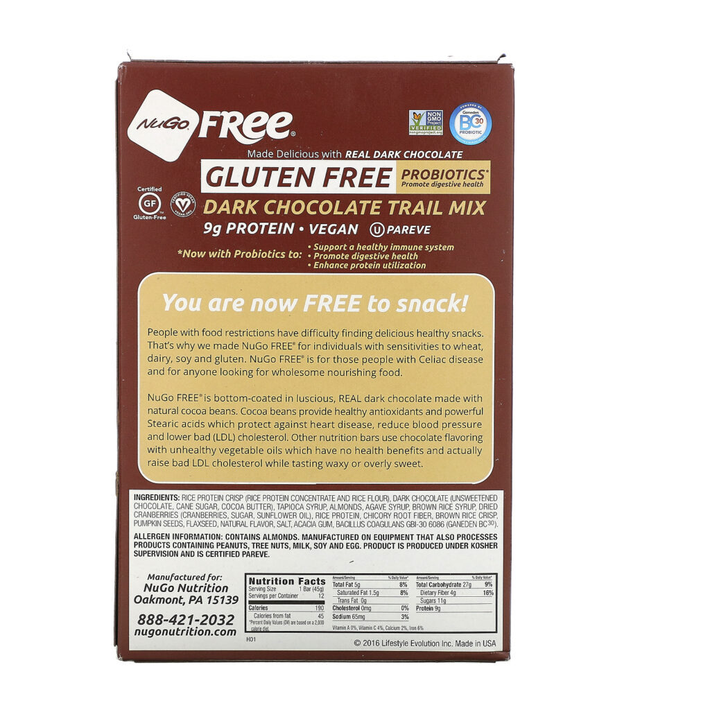 NuGo Nutrition, NuVai Livre, Mix de Chocolate Escuro, Sem Glúten, 12 Barras, 1.59 oz (45 g) Cada - Imagem 3