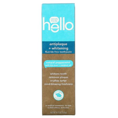 Hello, Creme Dental sem Flúor, Antiplaca + Branqueamento, Hortelã Natural, 4,7 oz (133 g) - Image 2