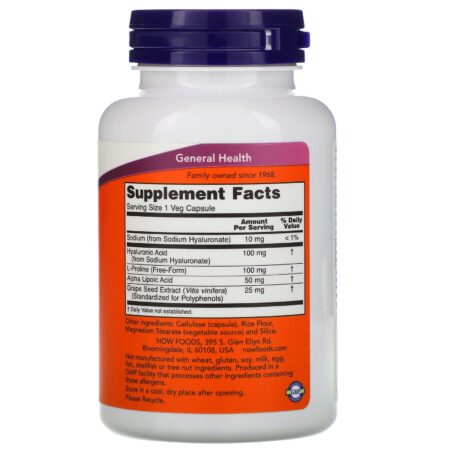 Now Foods, Ácido Hialurônico, Potência Dupla, 100 mg, 120 Cápsulas Vegetais - Image 2