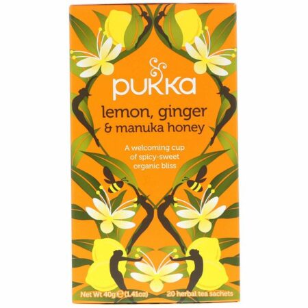 Pukka Herbs, Chá de Limão, Gengibre e Chá de Mel Manuka, Sem Cafeína, 20 sachês de chá de ervas, 1.41 oz (40 g)