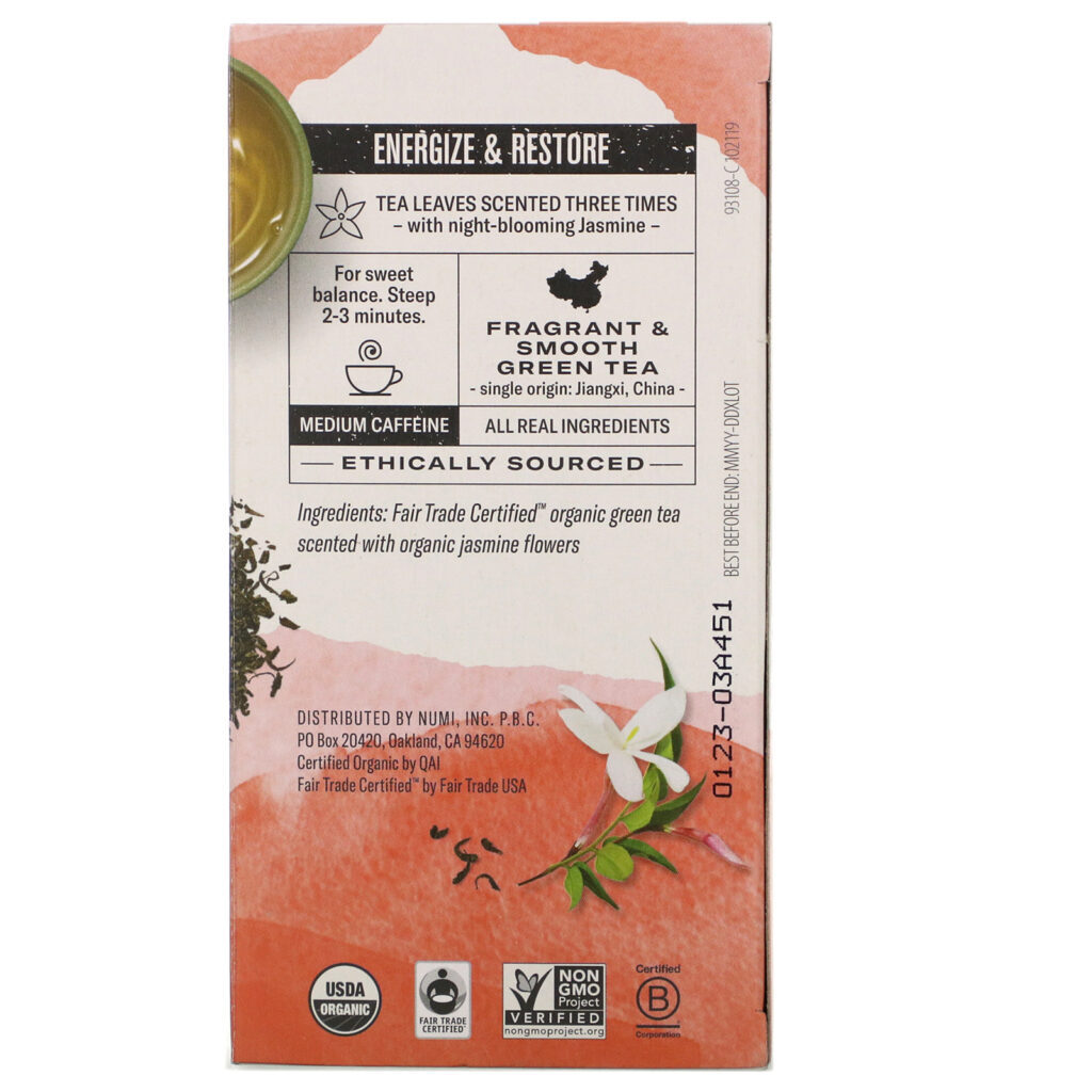 Numi Tea, Organic Green Tea, Jasmine Green, 18 Tea Bags, 1.27 oz (36 g) - Imagem 2